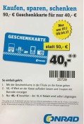 Conrad.de: 50€ Conrad Geschenkkarte für 40€ kaufen (on- und offline am 07.04. + 08.04.2017)