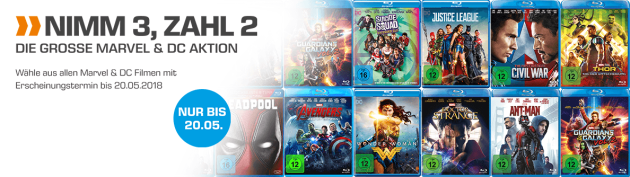 Amazon kontert Saturn.de: Nimm 3, Zahl 2 Aktion auf Marvel & DC Blu-rays bzw. DVDs bis 20.05.18