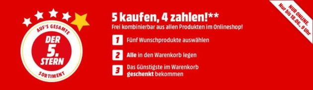 MediaMarkt.de: 5 kaufen, 4 zahlen auf den gesamten Onlineshop (bis 25.06.18 – 9 Uhr)