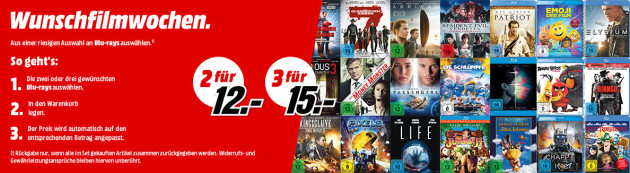 MediaMarkt.de & Saturn.de: Wunschfilmwochen u.a. 2 Blu-rays für 12€ oder 3 Blu-rays für 15€