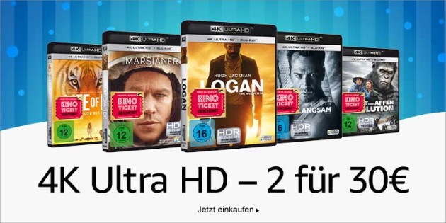 Amazon.de: Filme Sparpaket-Woche u.a. 4K UHD Blu-rays – 2 für 30 EUR (bis 05.12.18)