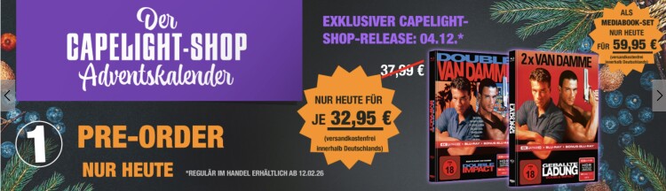 Capelight Adventskalender Tag 1: Geballte Ladung – Double Impact 4K (Limited Mediabook Edition) (Cover A und B) (4K UHD + Blu-ray + Bonus Blu-ray) für je 32,95€ inkl. VSK